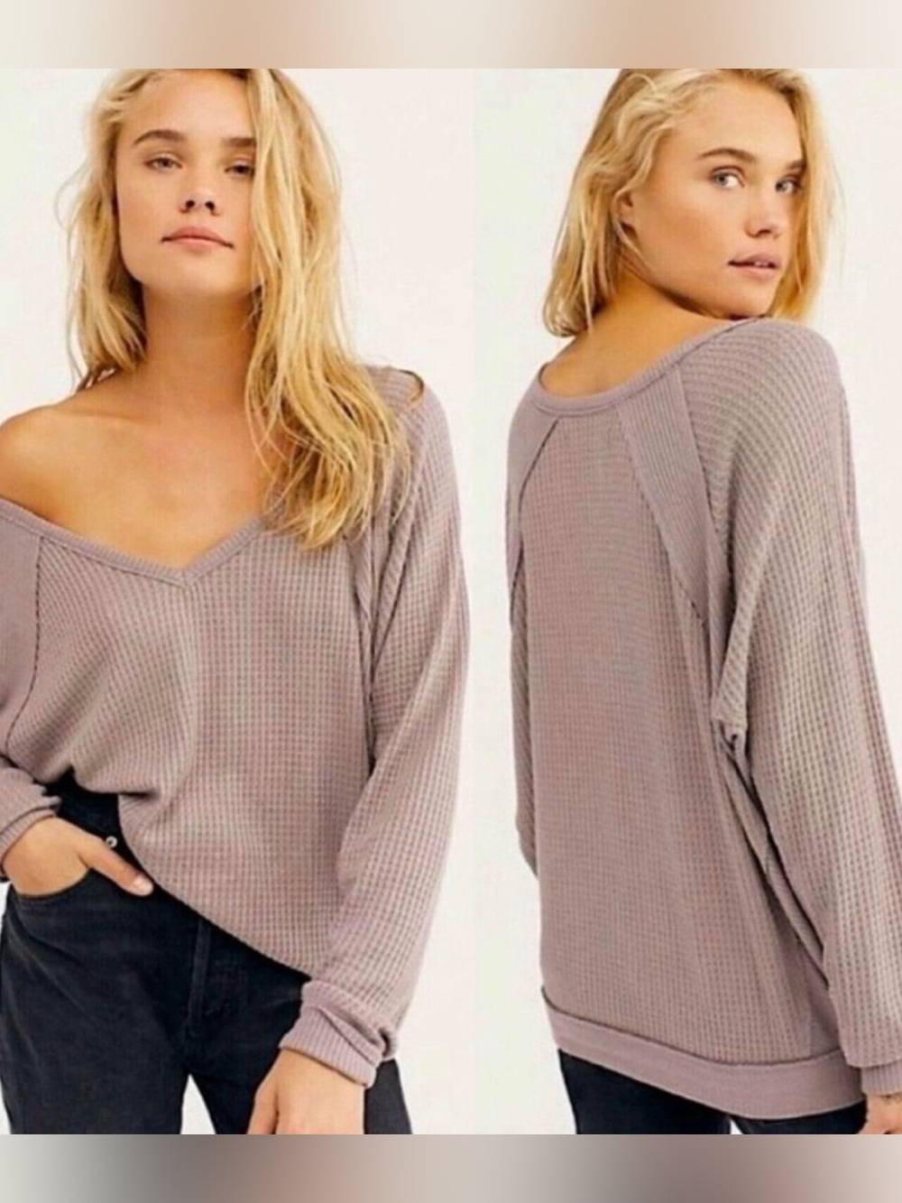 Free People We The Free Grey Purple Thermal Waffle Knit Oversized Sweater Sz S